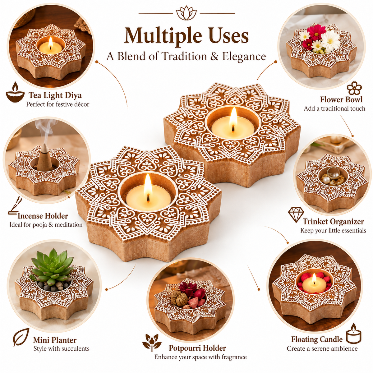 Traditional Wooden Flower Block Print Diya | Artisan-Made Indian T Lite (Set of 2)