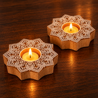 Traditional Wooden Flower Block Print Diya | Artisan-Made Indian T Lite (Set of 2)