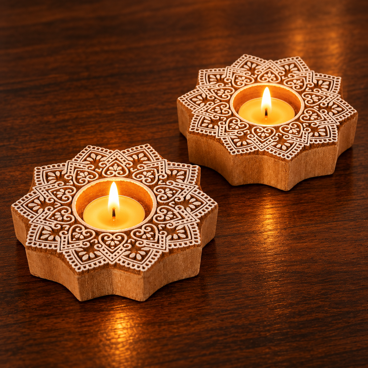 Traditional Wooden Flower Block Print Diya | Artisan-Made Indian T Lite (Set of 2)
