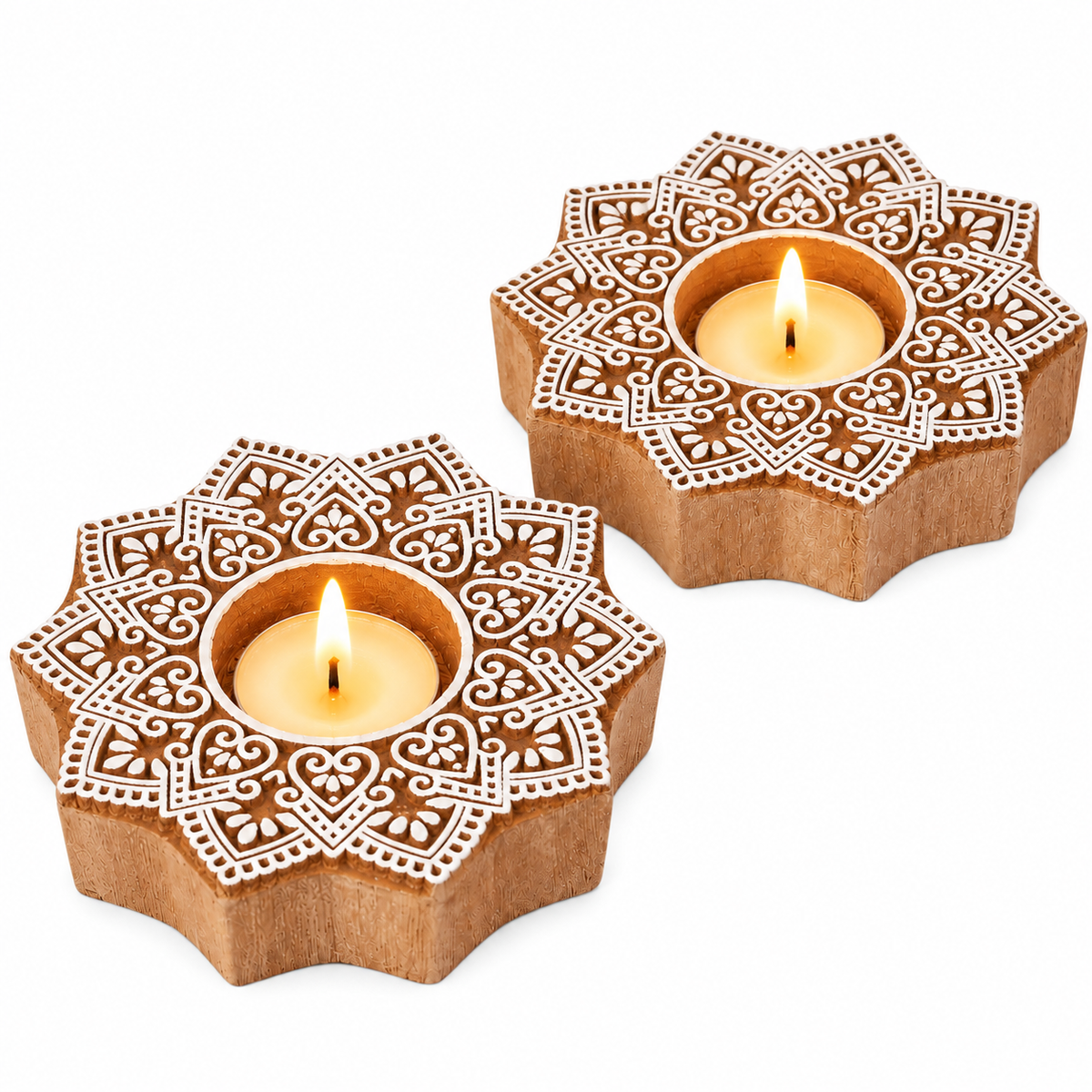 Traditional Wooden Flower Block Print Diya | Artisan-Made Indian T Lite (Set of 2)