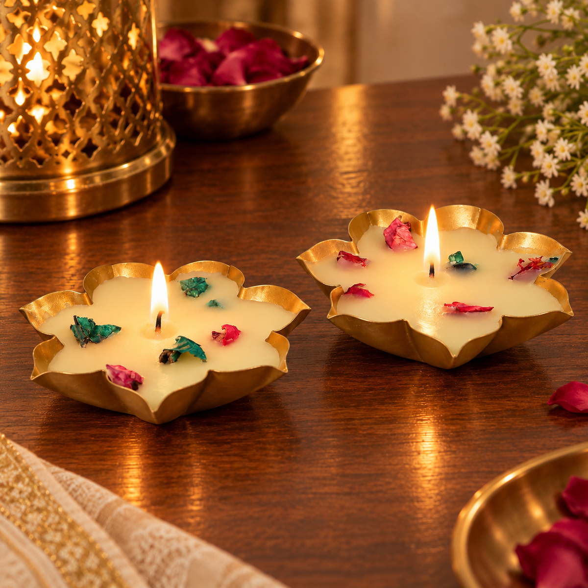 Iron Floral Wax Diya - Decorative Handmade Candle for Festivals & Home Décor (Set Of 2)