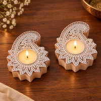 Traditional Wooden Paisley Block Print Diya | Artisan-Made Indian T Lite (Set of 2)