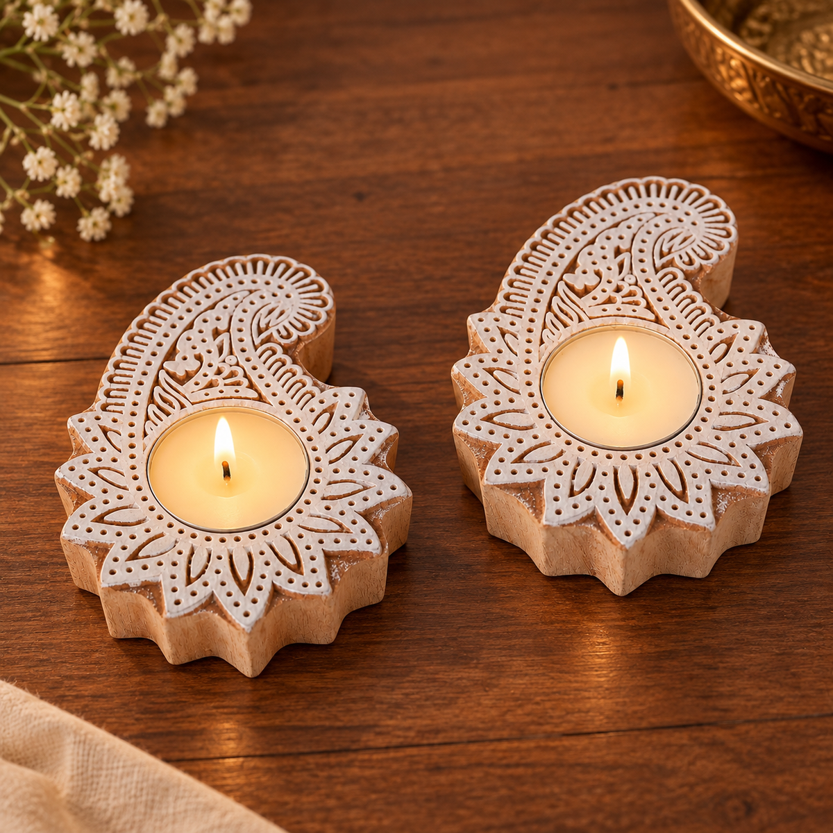 Traditional Wooden Paisley Block Print Diya | Artisan-Made Indian T Lite (Set of 2)