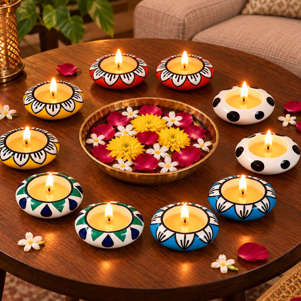Multicolour Meenakari Ceramic Diya Set of 10