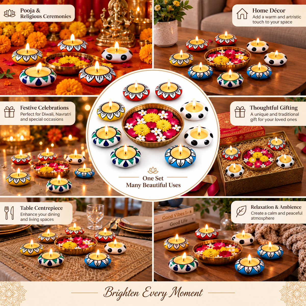 Multicolour Meenakari Ceramic Diya Set of 10
