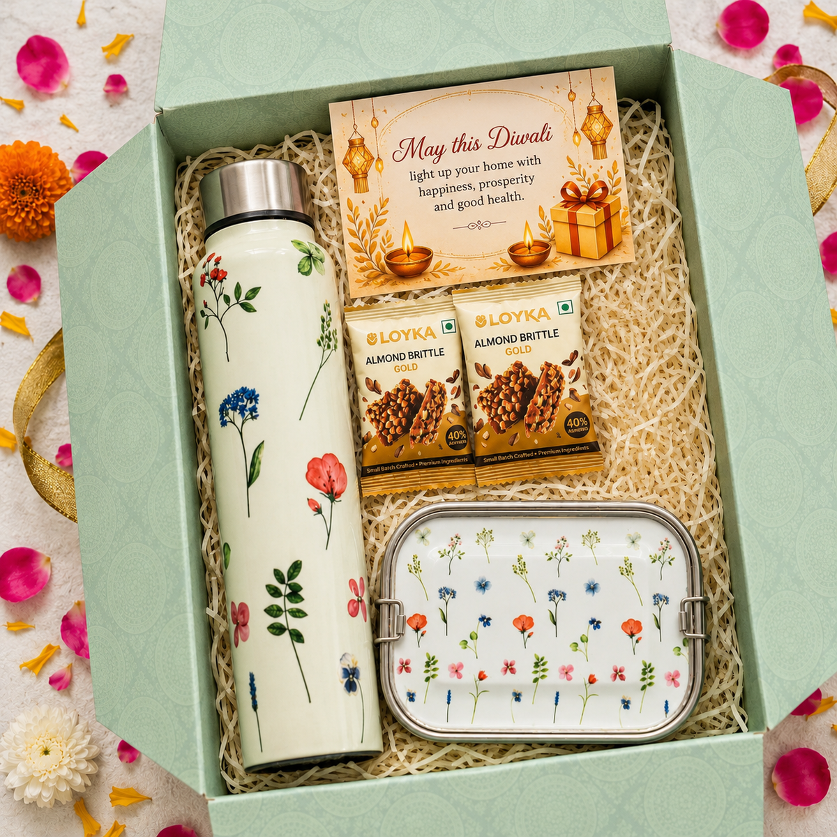 Premium Diwali Gift Box- Floral Bottle+Floral 1tier Lunchbox