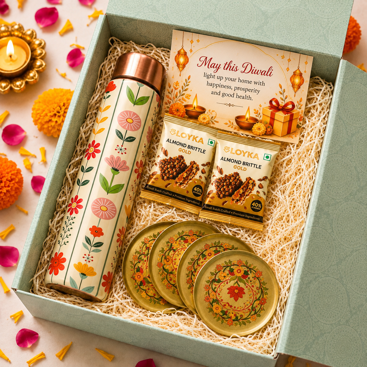 Premium Diwali Gift Box- Phoolkari Copper Bottle +Brass Coaster Floral Set Of 4