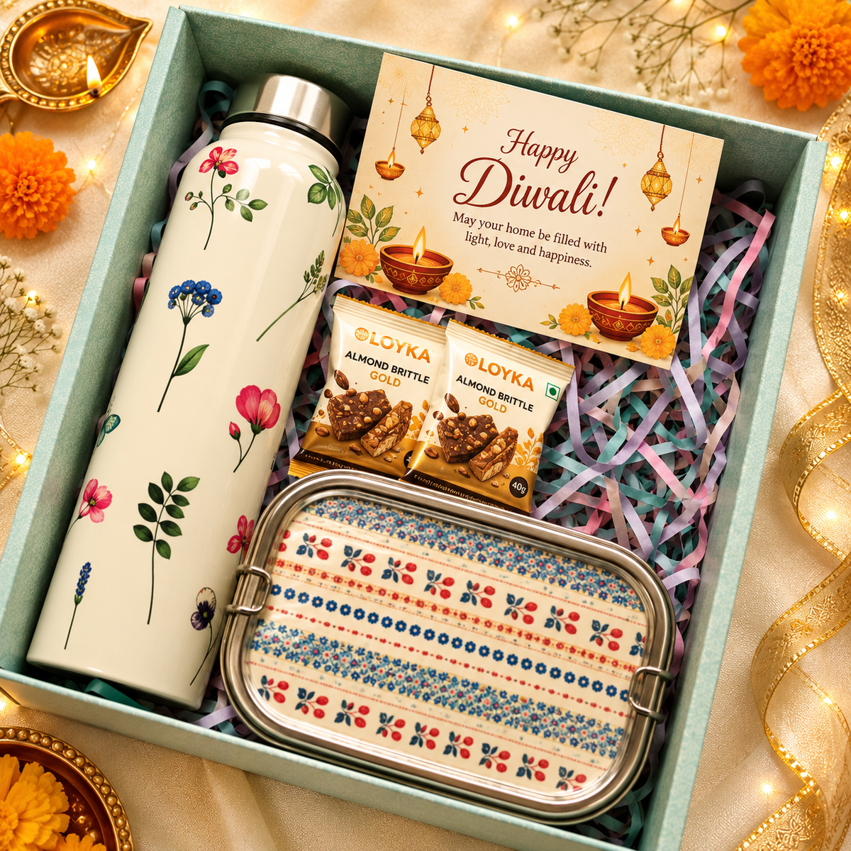 Premium Diwali Gift Box- Floral Bottle+Cherry 2tier Lunchbox