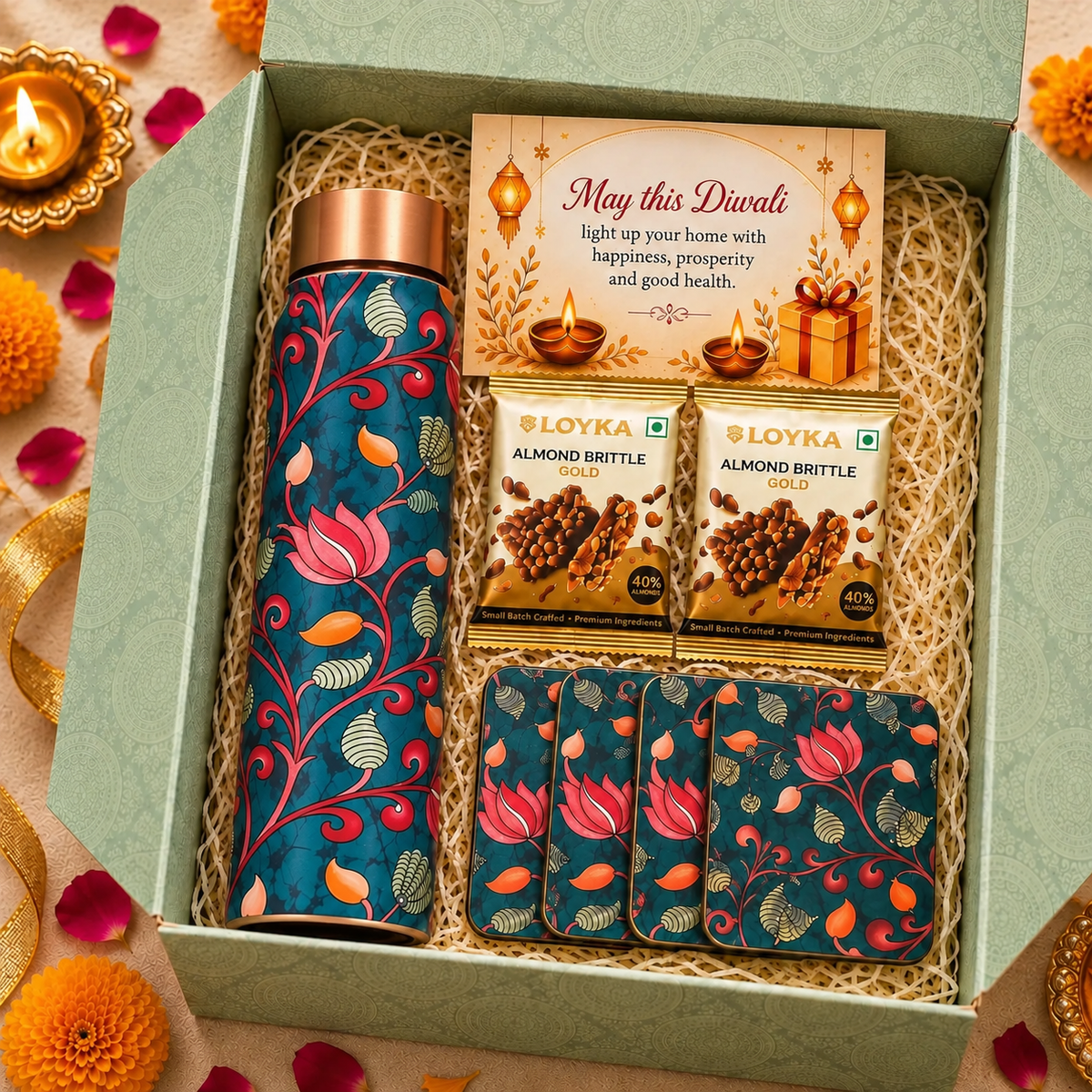 Premium Diwali Gift Box- Pichwai Copper Bottle +MDF Pichwai Coaster Set Of 4