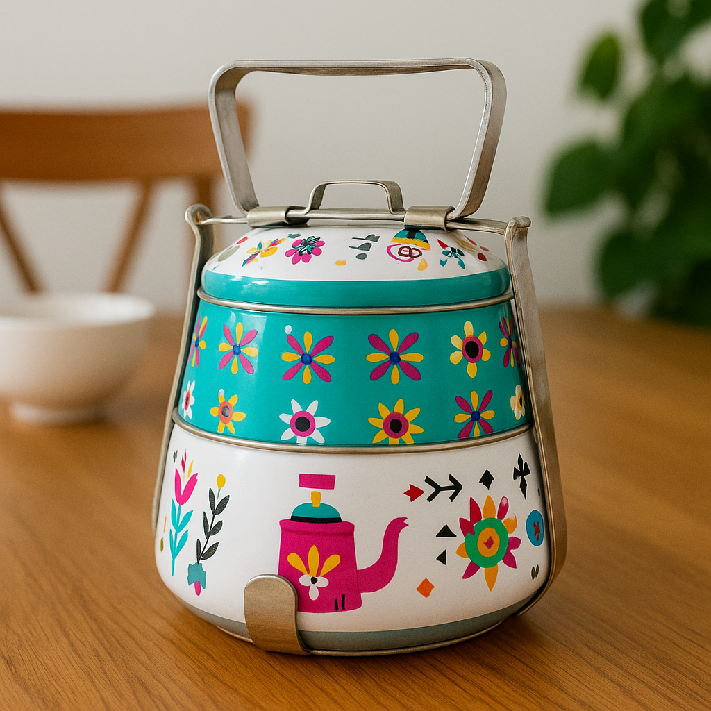 Ethnic Enamelware Steel Lunch Box – 2 Tier, Sustainable & Reusable