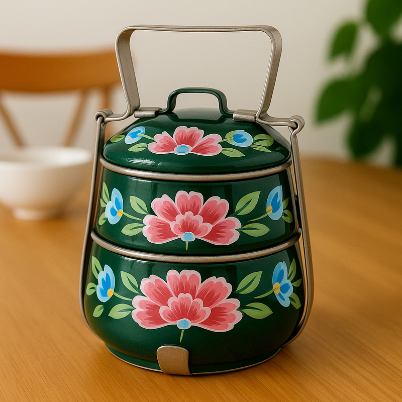 Ethnic Enamelware Steel Lunch Box – 2 Tier, Sustainable & Reusable
