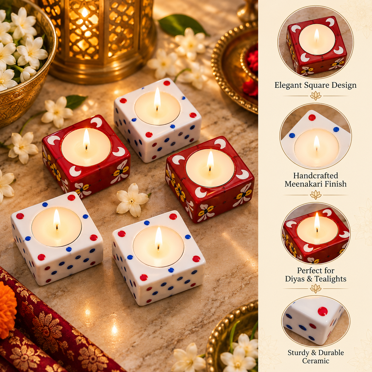Meenakari Square Diya Candle Holder Set of 6