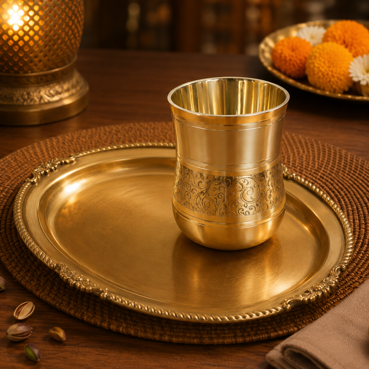 Elegant Brass Glass & Oval Tray Festive Gift Combo Set