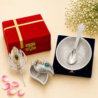Silver Pooja Gift Combo | Kumkum Chawal Holder with Decorative Silver Plated Bowl.