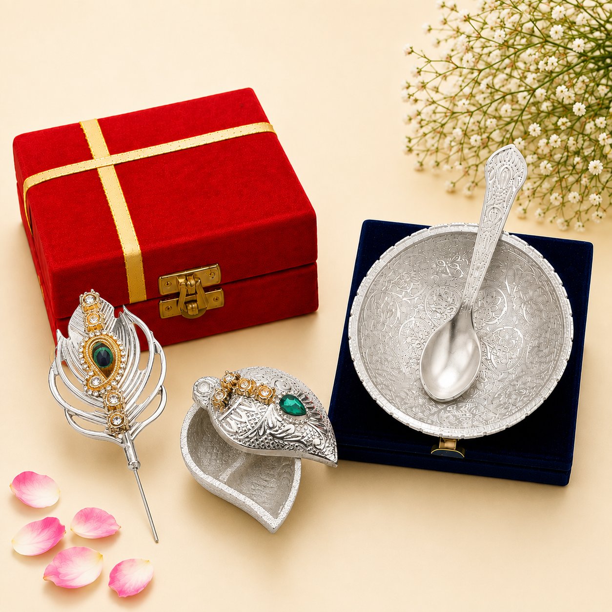 Silver Pooja Gift Combo | Kumkum Chawal Holder with Decorative Silver Plated Bowl.