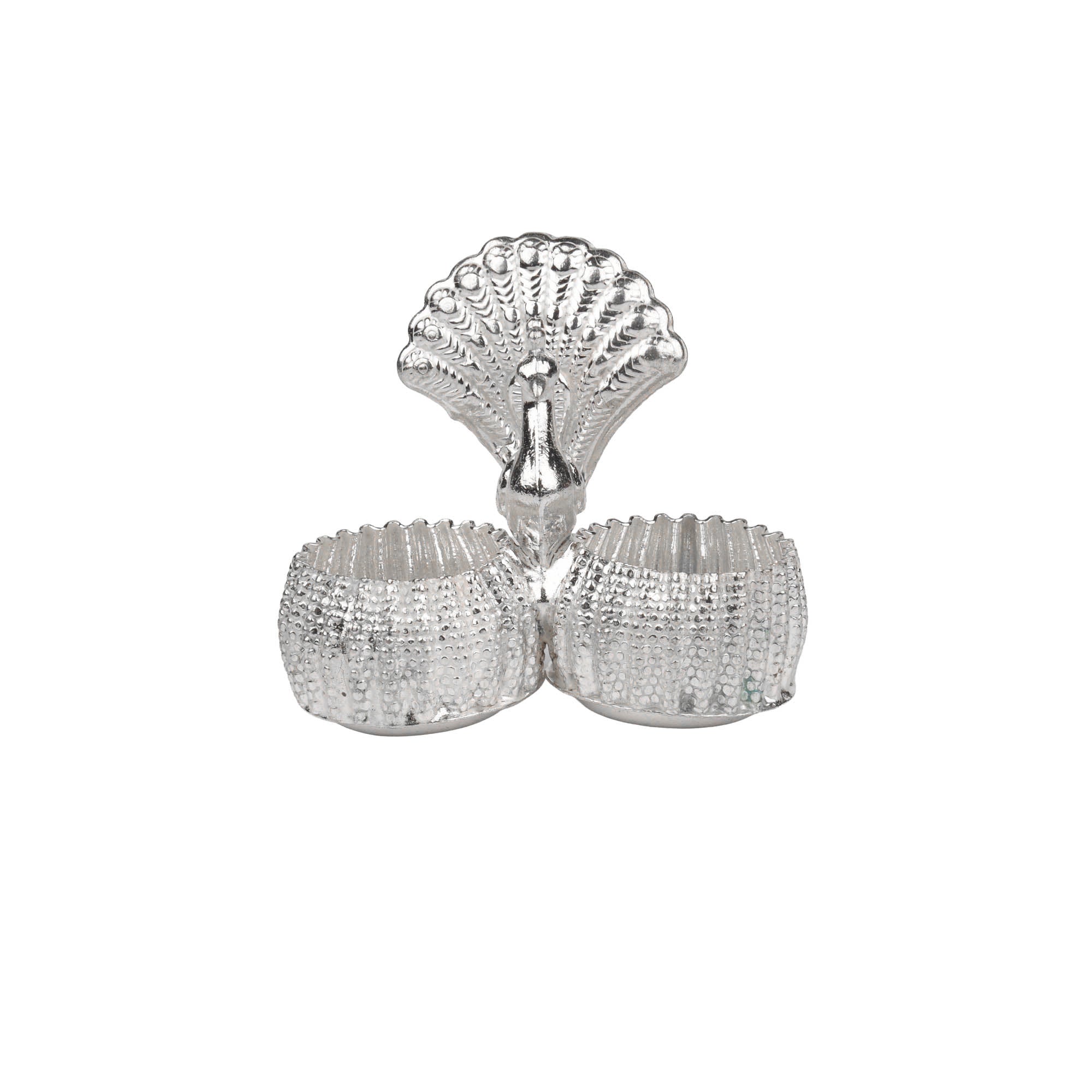 German Silver Peacock Kumkum Holder | Dual Bowl Design for Pooja, Chandan & Haldi