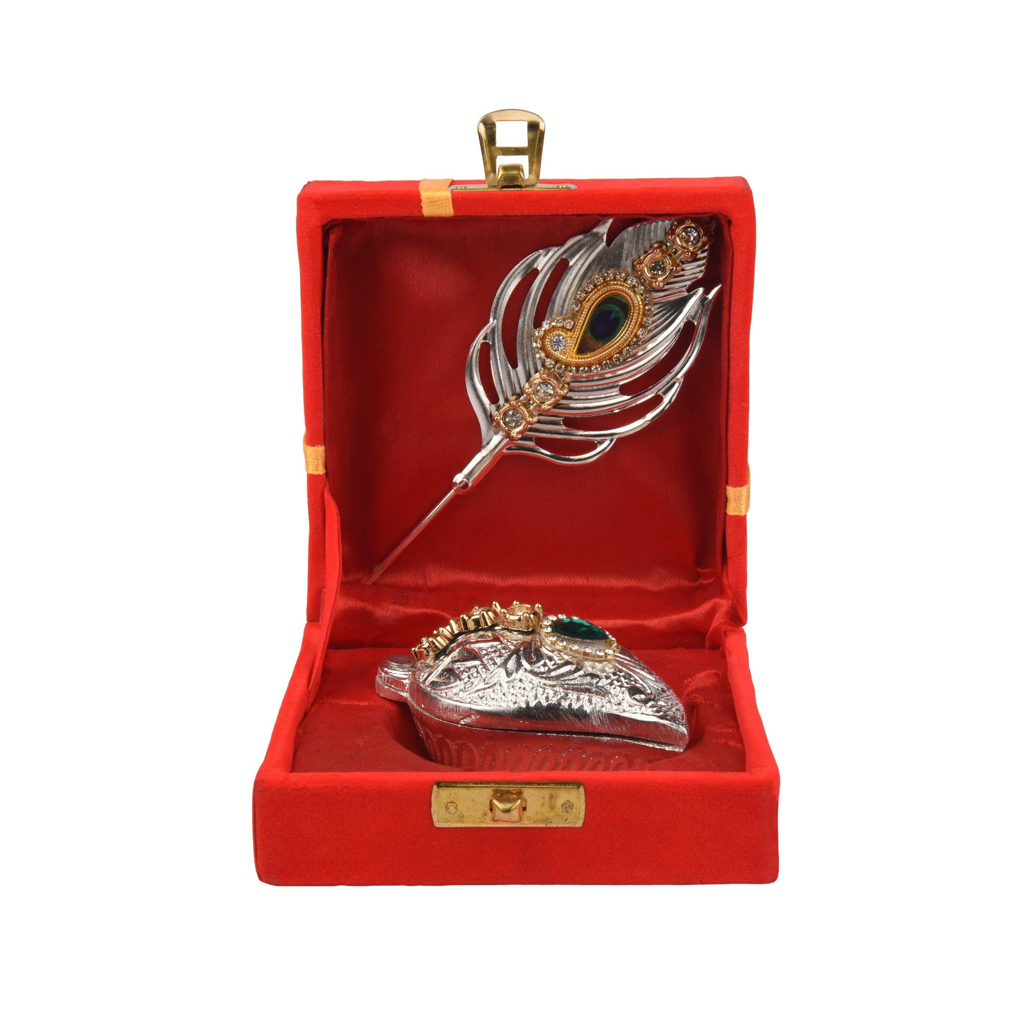 Silver Finish Kumkum Chawal Holder with Mor Pankh