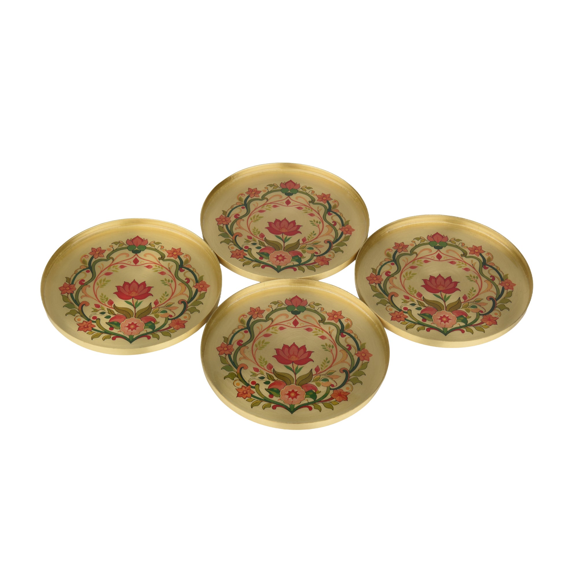 Premium Rakhi Gift Box- Phoolkari Copper Bottle +Brass Coaster Floral Set Of 4