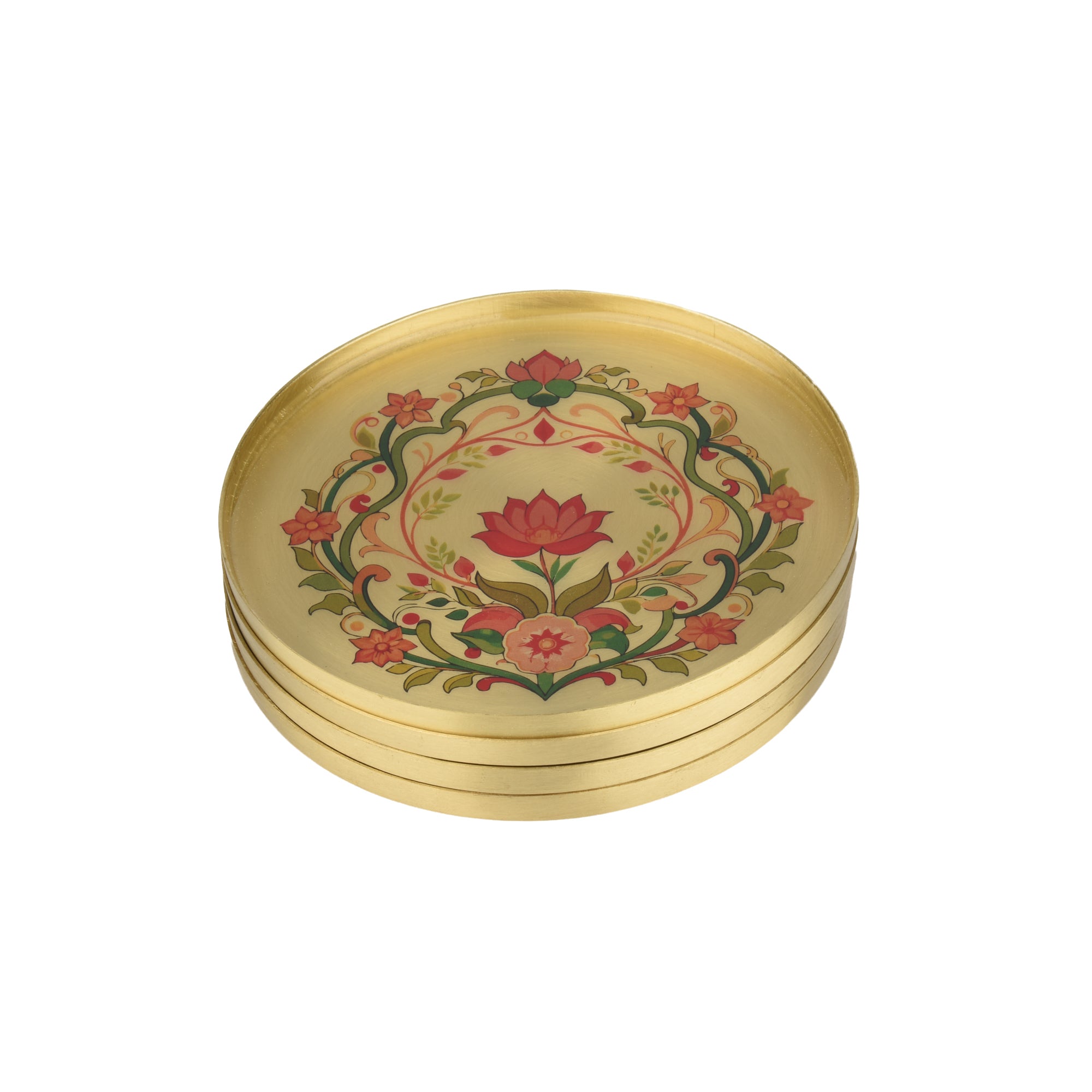 Embossed Brass Coaster | Elegant Drink Coasters for Home & Dining Decor ( Set of 4)