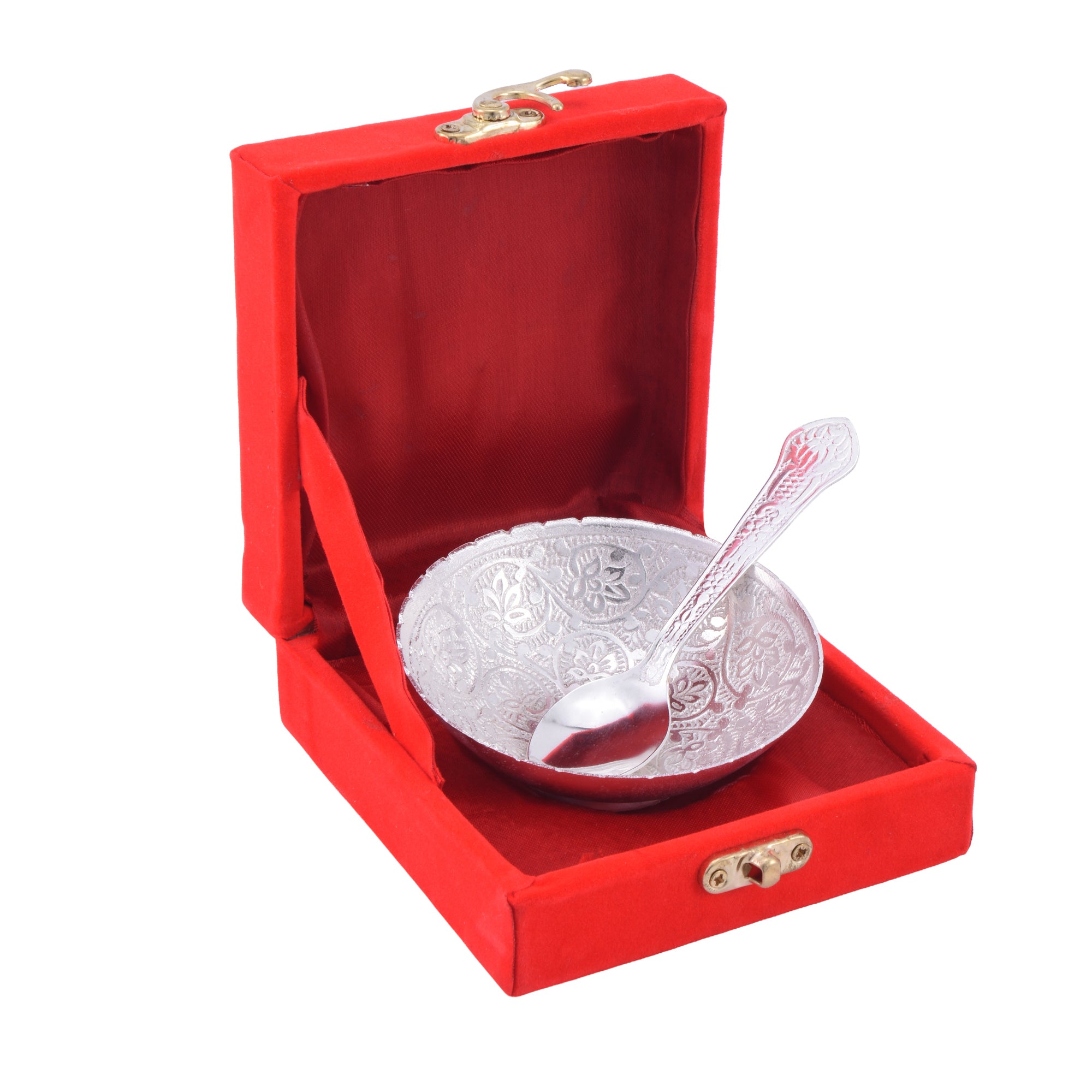 Decorative Silver Plated Bowl with Spoon & Gift Box | Traditional Indian Gift Set