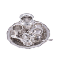 German Silver Pooja Thali Set with Kalash & Accessories for Home Temple