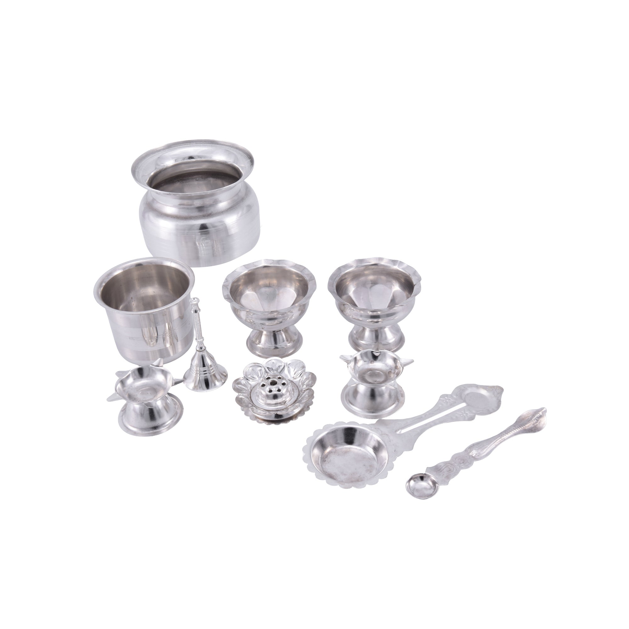 German Silver Pooja Thali Set with Kalash & Accessories for Home Temple