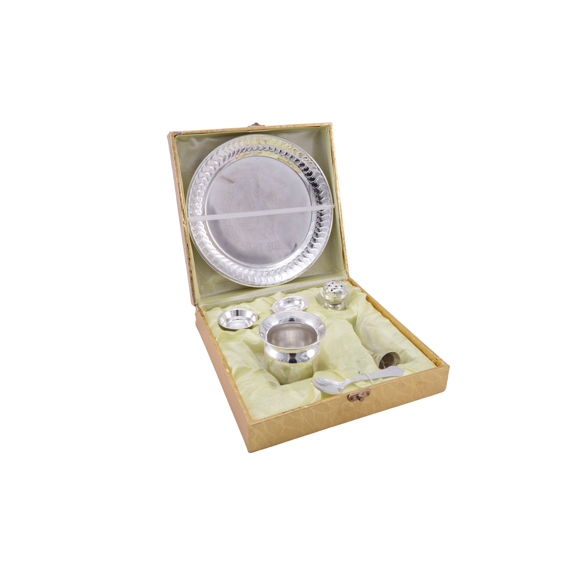 German Silver Pooja Thali Set with Kalash & Accessories for Home Temple with Box