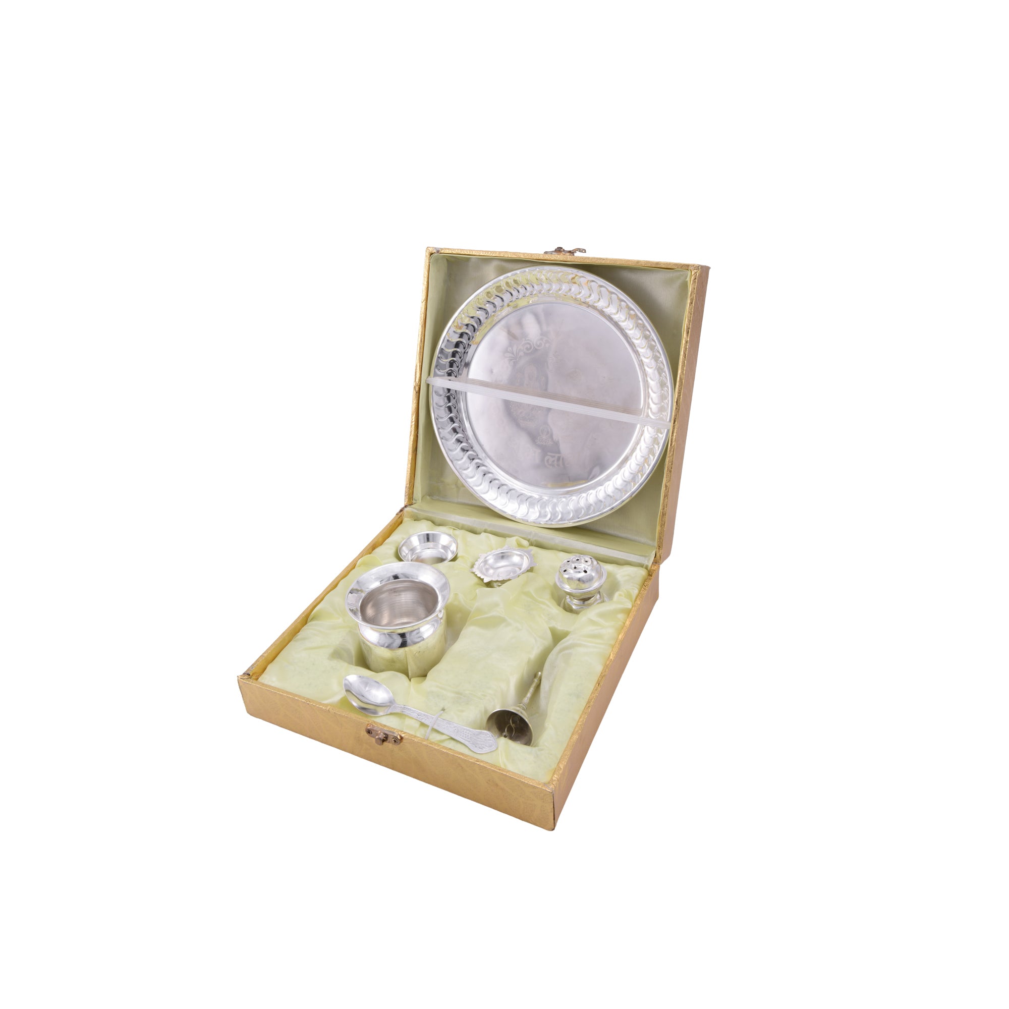 German Silver Pooja Thali Set with Kalash & Accessories for Home Temple with Box