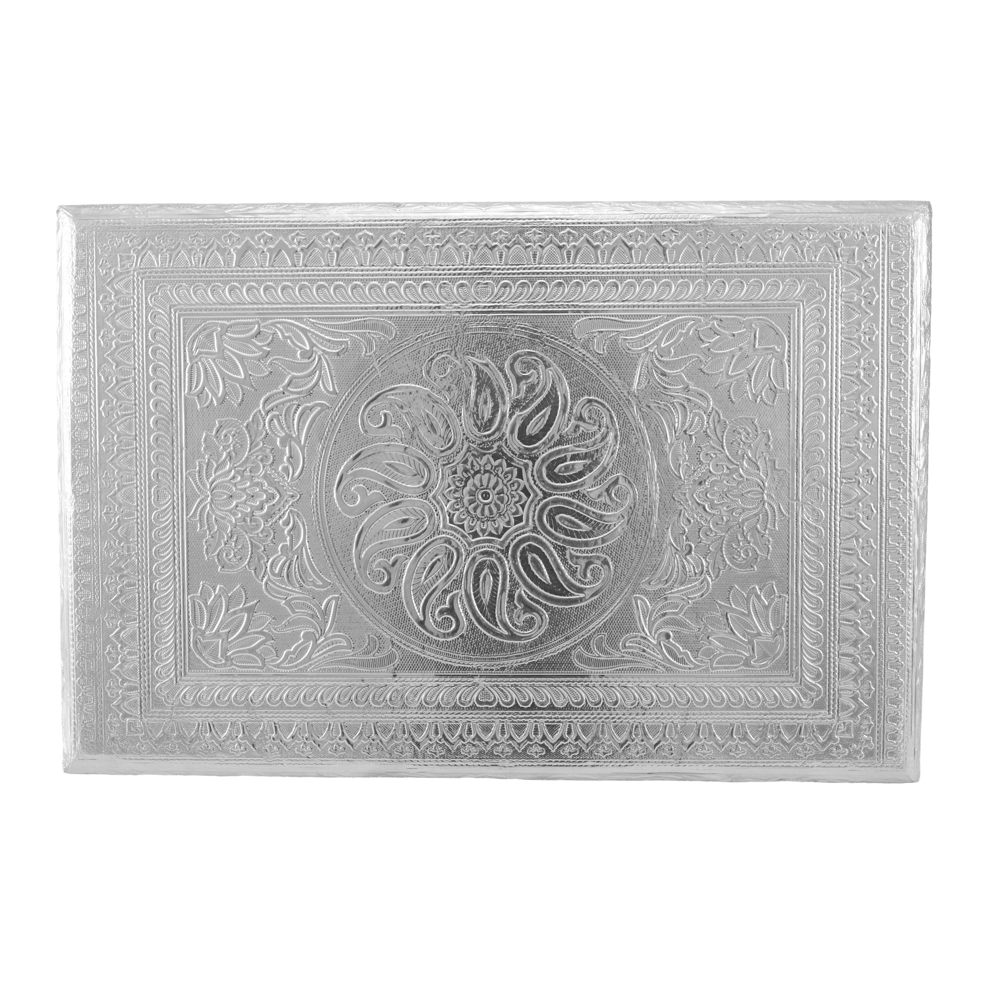Elegant Silver Finish Pooja Chowki with Embossed Floral Design