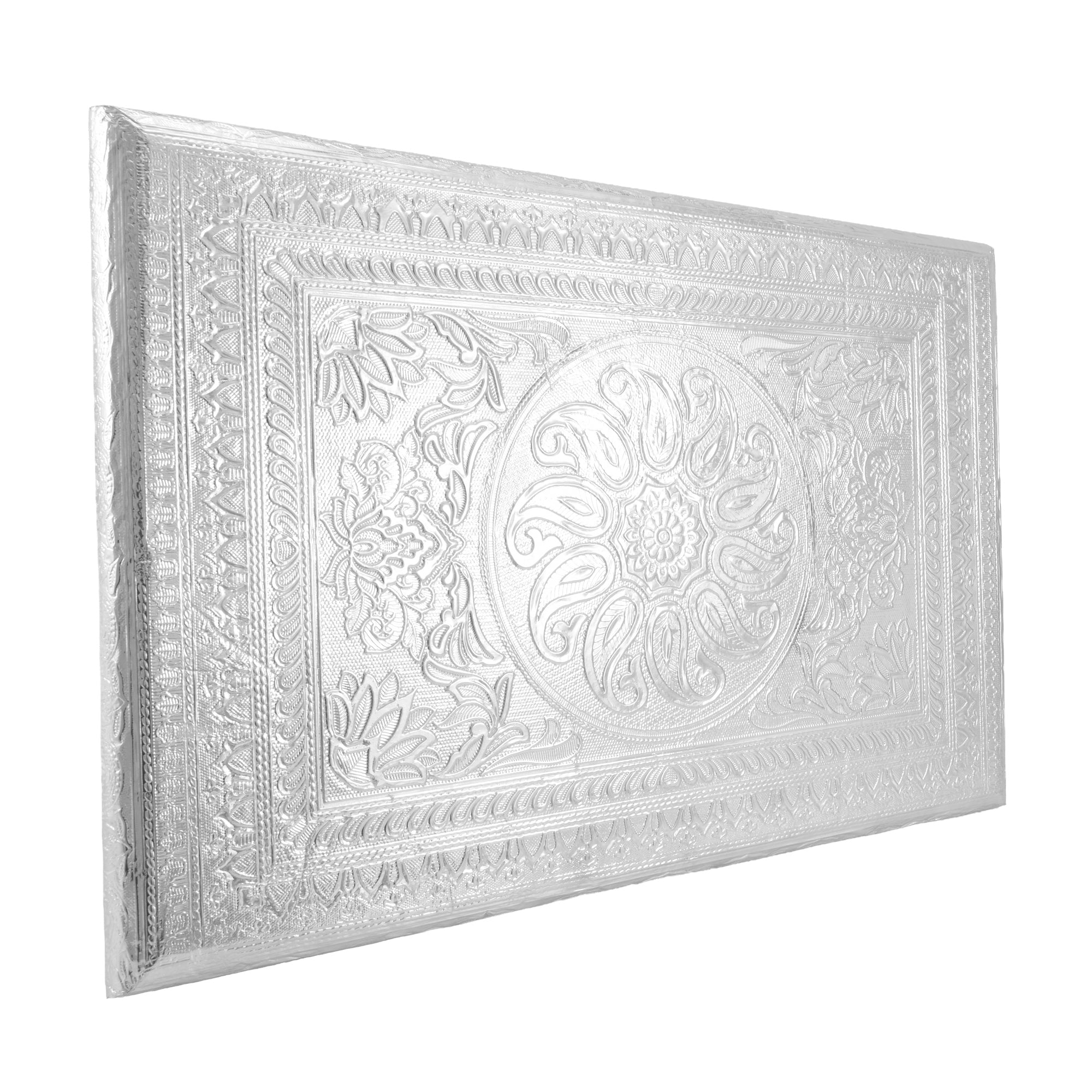 Elegant Silver Finish Pooja Chowki with Embossed Floral Design