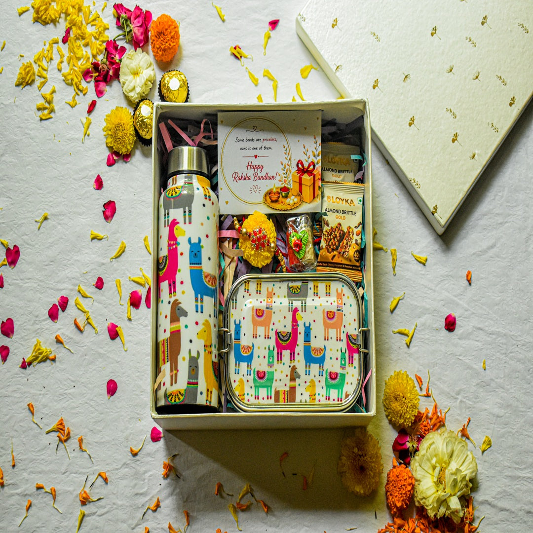 Premium Rakhi Gift Box-Llama Bottle+ Llama 1 tier Lunchbox
