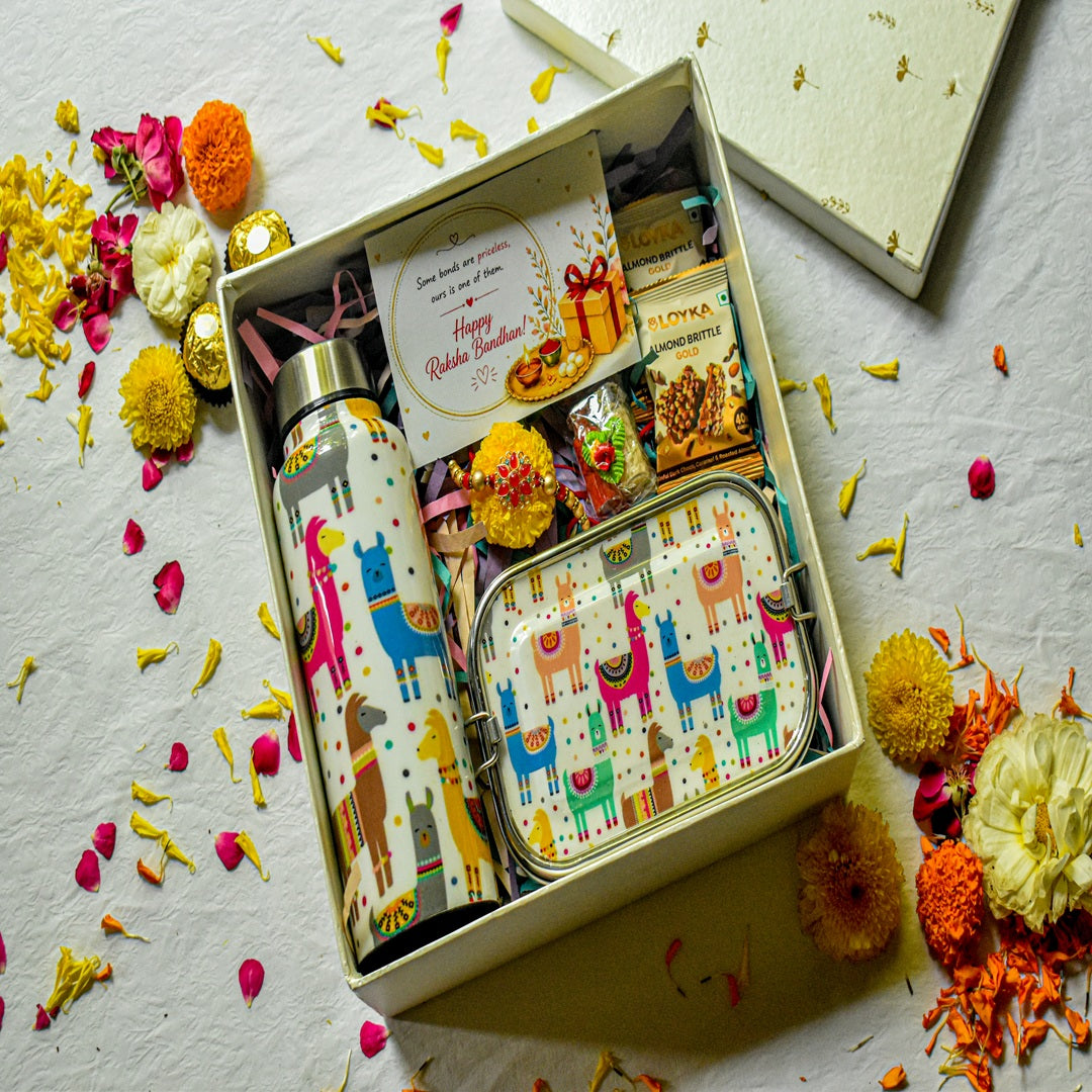 Premium Rakhi Gift Box-Llama Bottle+ Llama 1 tier Lunchbox
