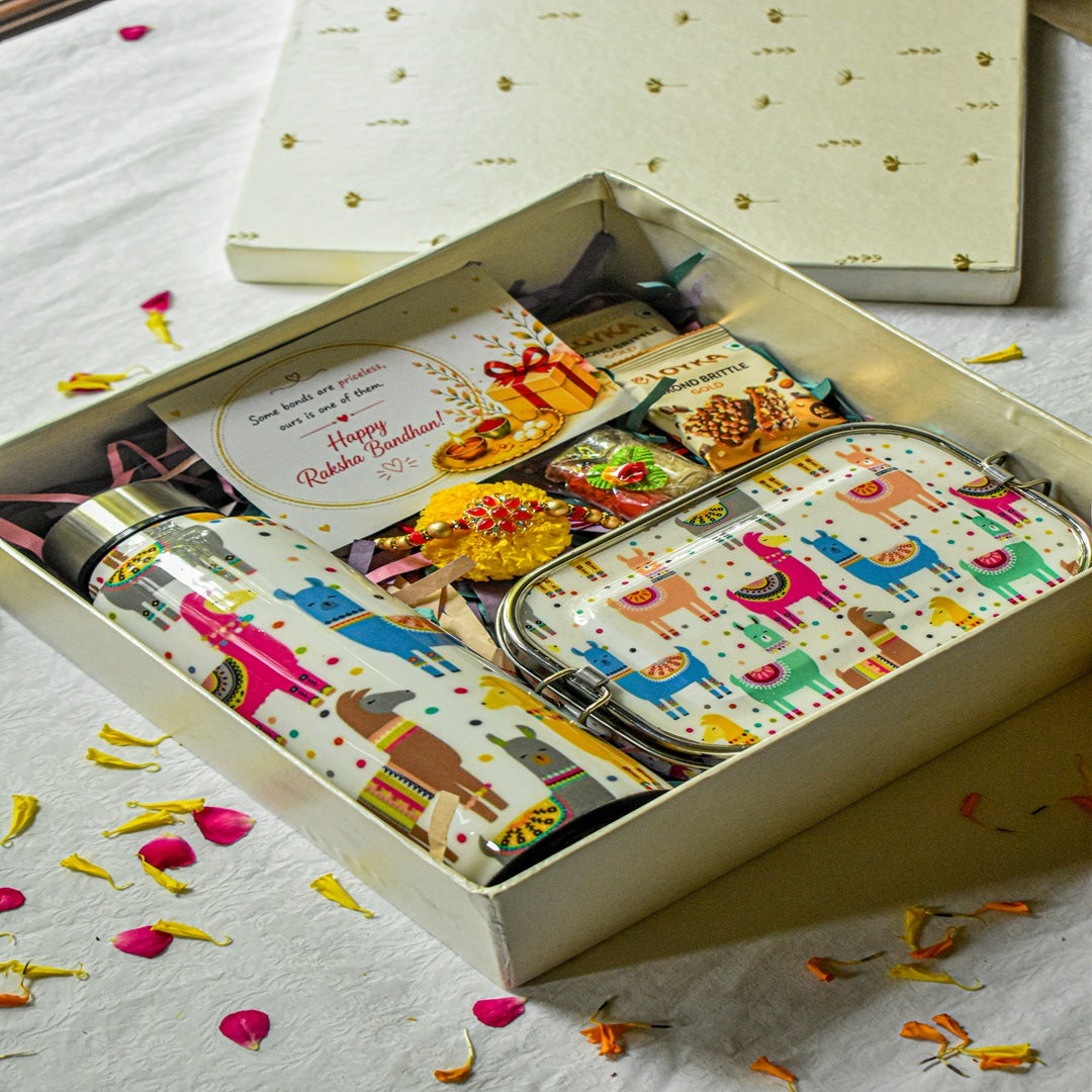 Premium Rakhi Gift Box-Llama Bottle+ Llama 1 tier Lunchbox