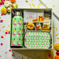 Premium Rakhi Gift Box-Flamingo Bottle+ Flamingo 1 tier Lunchbox