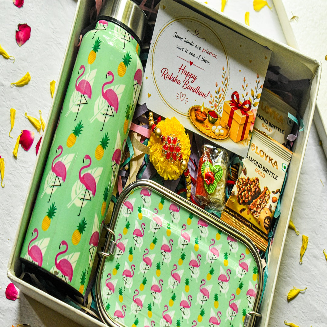 Premium Rakhi Gift Box-Flamingo Bottle+ Flamingo 1 tier Lunchbox