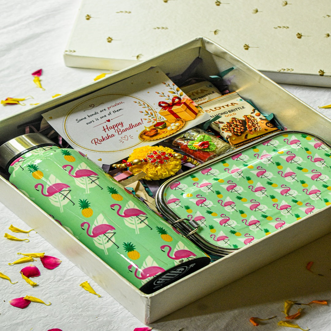 Premium Rakhi Gift Box-Flamingo Bottle+ Flamingo 1 tier Lunchbox