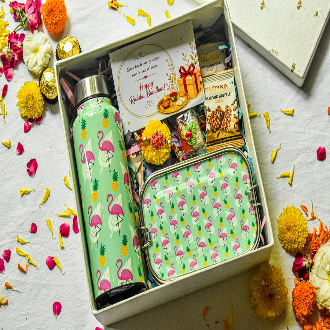 Premium Rakhi Gift Box-Flamingo Bottle+ Flamingo 1 tier Lunchbox