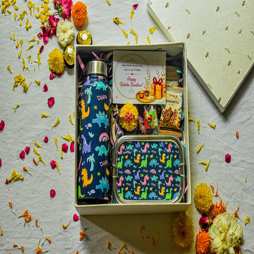 Premium Rakhi Gift Box-Dino Bottle+ Dino 1 tier Lunchbox