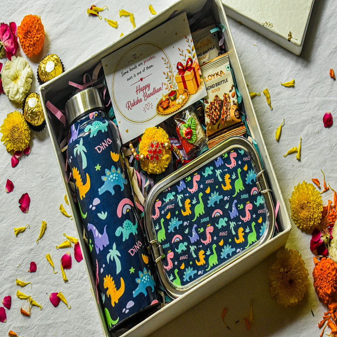 Premium Rakhi Gift Box-Dino Bottle+ Dino 1 tier Lunchbox