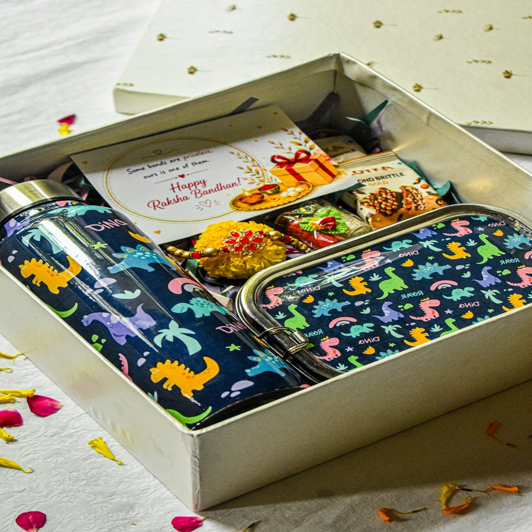Premium Rakhi Gift Box-Dino Bottle+ Dino 1 tier Lunchbox