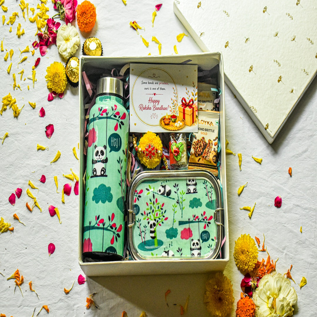 Premium Rakhi Gift Box-Panda Bottle+ Panda 1 tier Lunchbox