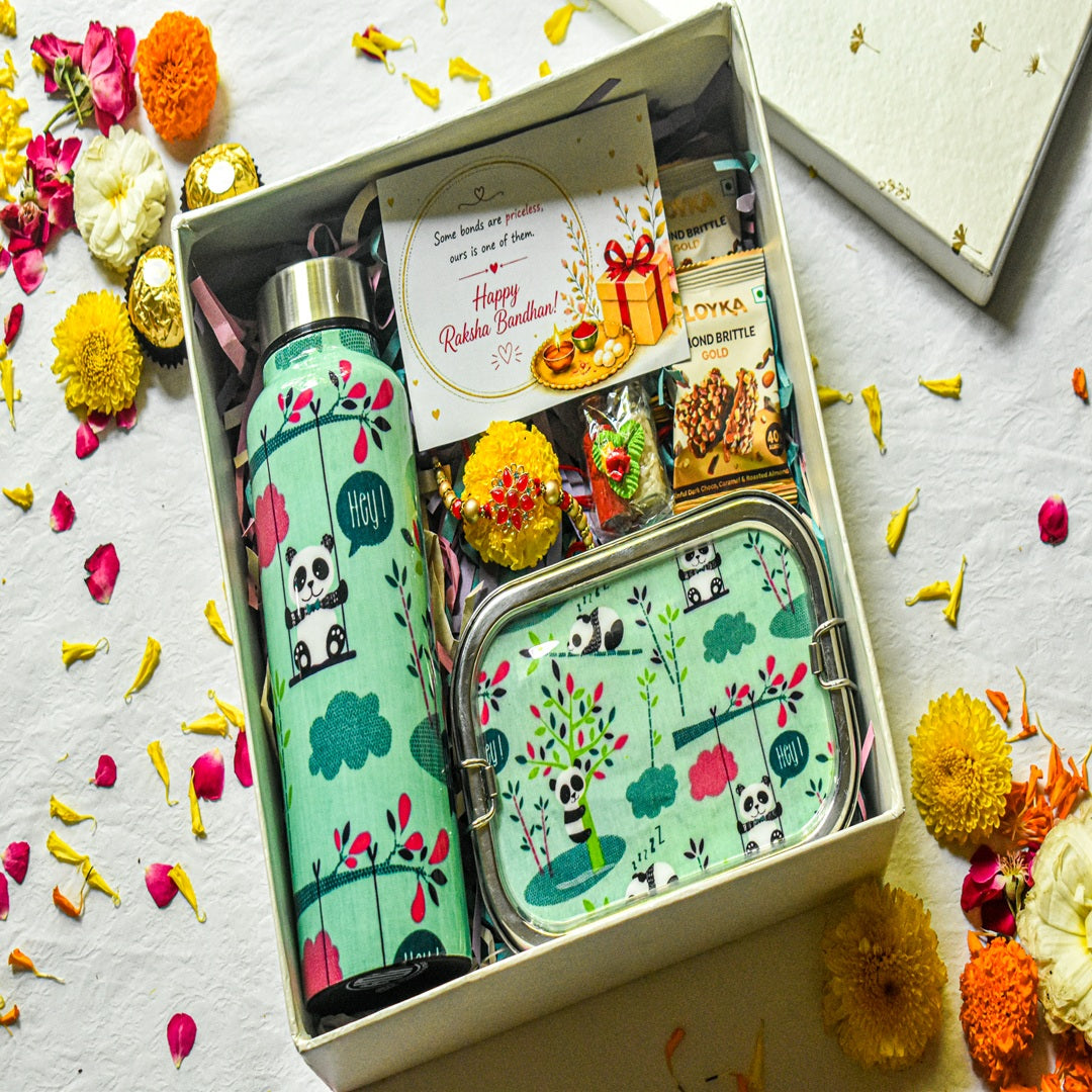 Premium Rakhi Gift Box-Panda Bottle+ Panda 1 tier Lunchbox