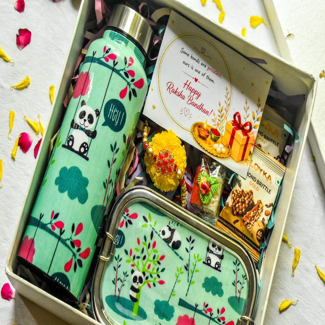 Premium Rakhi Gift Box-Panda Bottle+ Panda 1 tier Lunchbox