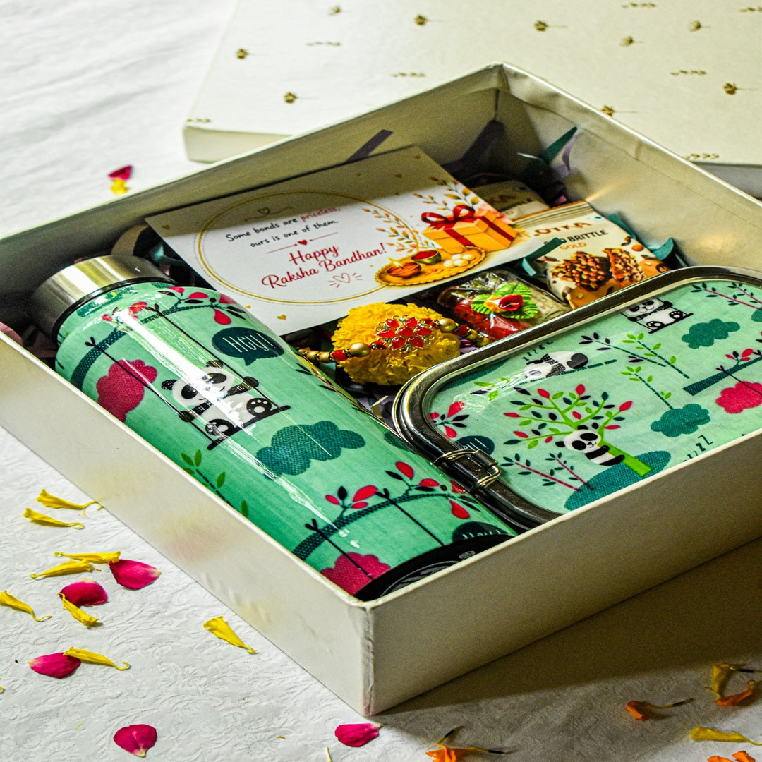 Premium Rakhi Gift Box-Panda Bottle+ Panda 1 tier Lunchbox