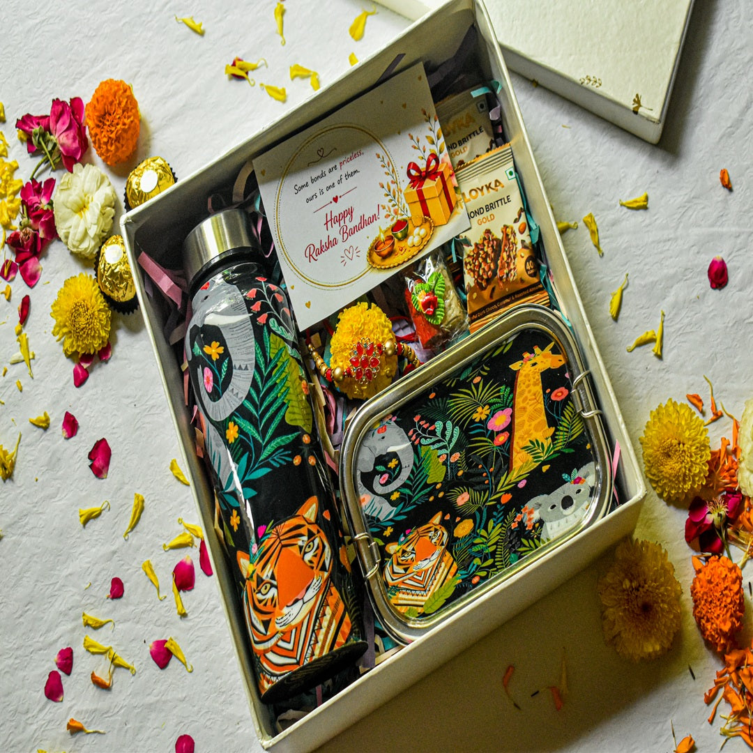 Premium Rakhi Gift Box-Jungle Bottle+ Jungle 1 tier Lunchbox