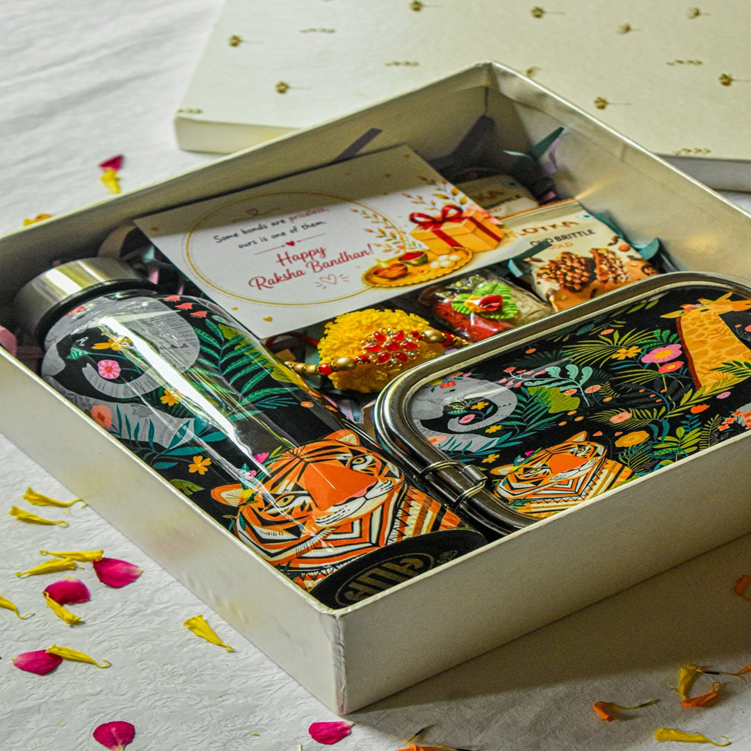 Premium Rakhi Gift Box-Jungle Bottle+ Jungle 1 tier Lunchbox