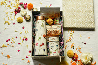 Premium Rakhi Gift Box- White Floral Copper Bottle + 2Glass Set