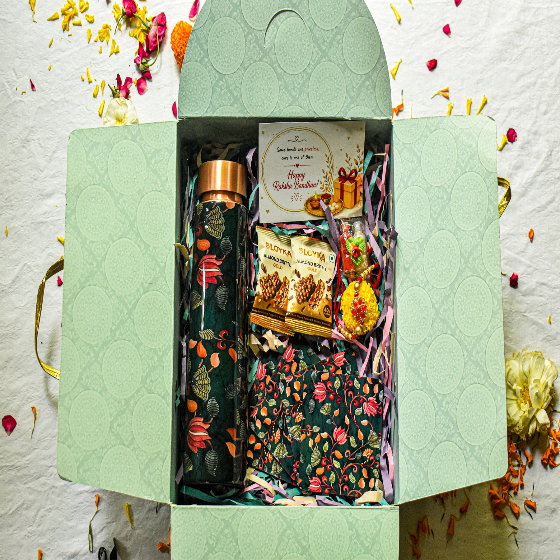 Premium Rakhi Gift Box- Pichwai Copper Bottle +MDF Pichwai Coaster Set Of 4
