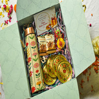 Premium Rakhi Gift Box- Phoolkari Copper Bottle +Brass Coaster Floral Set Of 4