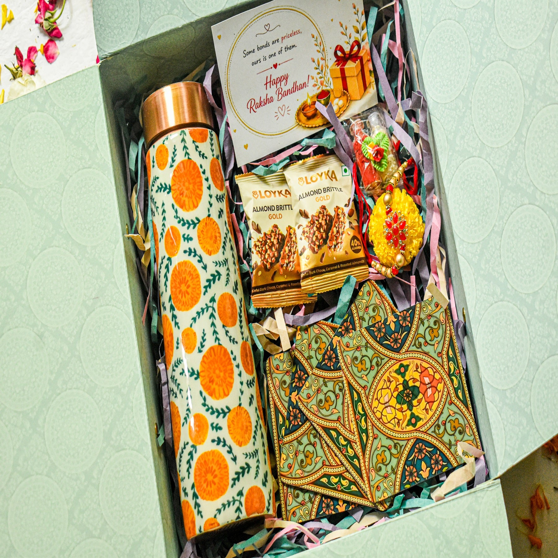 Premium Rakhi Gift Box- Marigold Copper Bottle +MDF Coaster Flora Set Of 4
